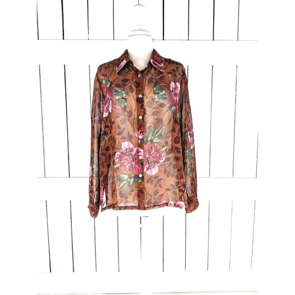French Laundry brown mauve pink floral sheer long sleeve button front blouse - Picture 2 of 5